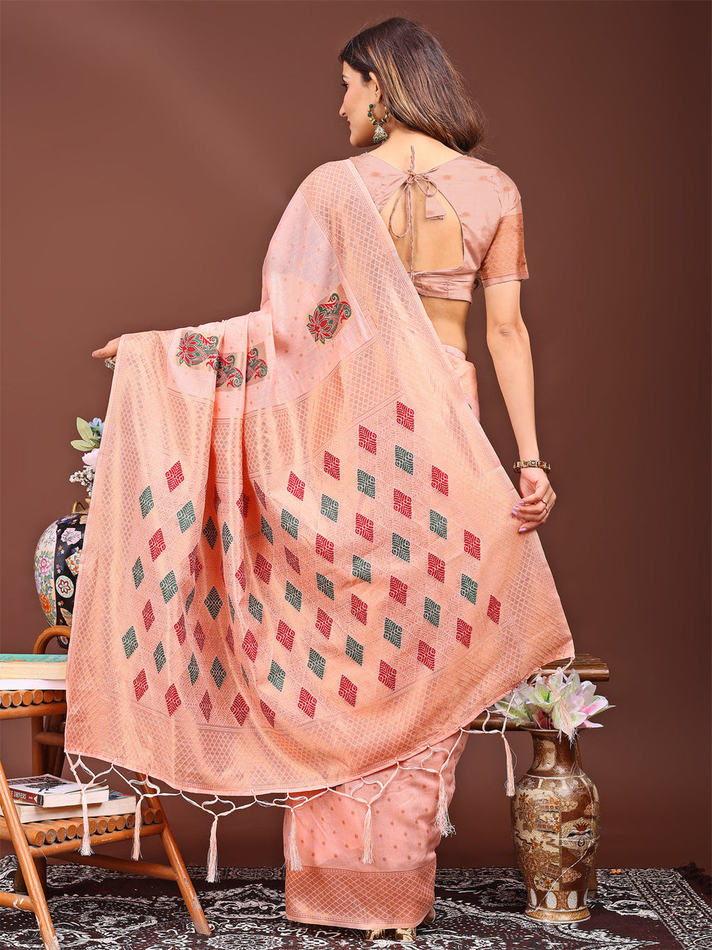 Shree Shyam Fashion Peach Jacquard Saree with Tassels - Radiate Soft Elegance and Timeless Beauty