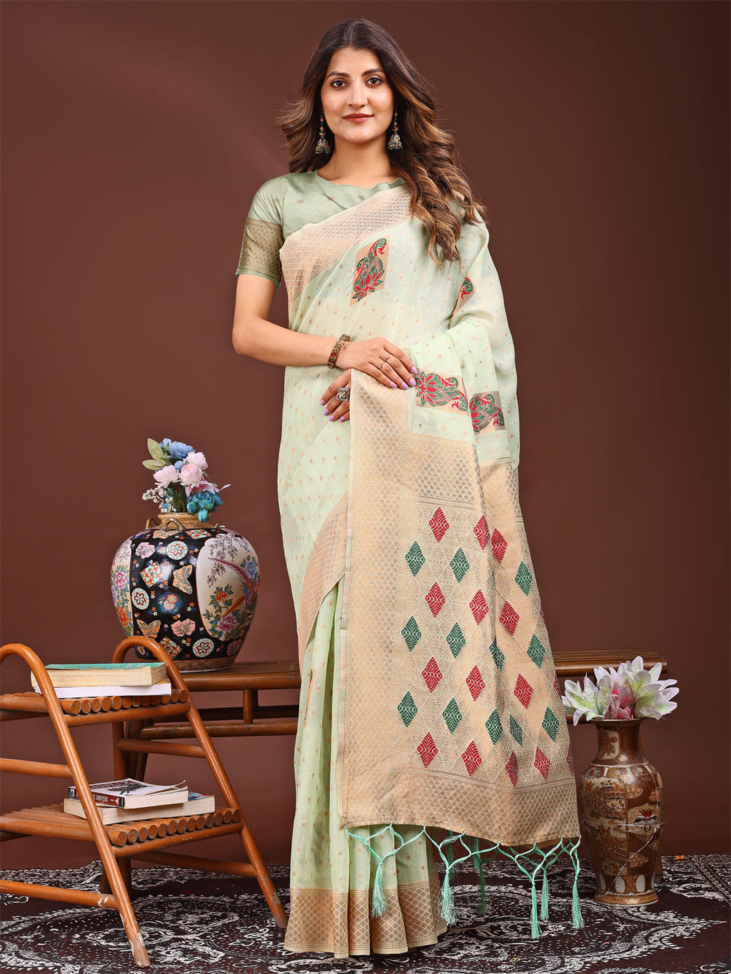 Shree Shyam Fashion Light Green Jacquard Saree with Tassels - Radiate Soft Elegance and Timeless Beauty