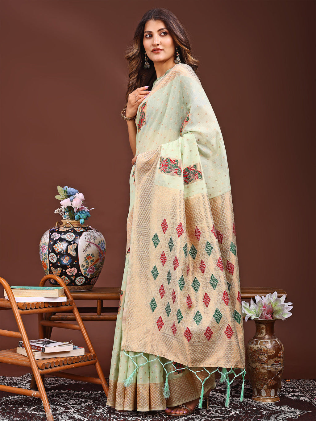Shree Shyam Fashion Light Green Jacquard Saree with Tassels - Radiate Soft Elegance and Timeless Beauty