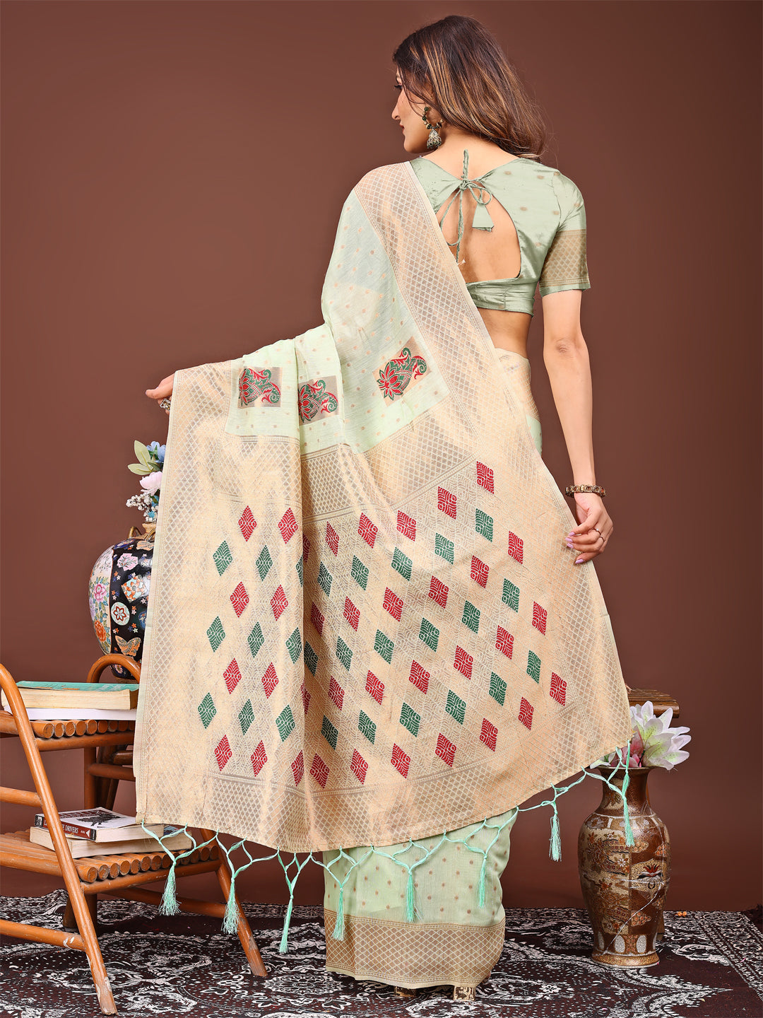 Shree Shyam Fashion Light Green Jacquard Saree with Tassels - Radiate Soft Elegance and Timeless Beauty