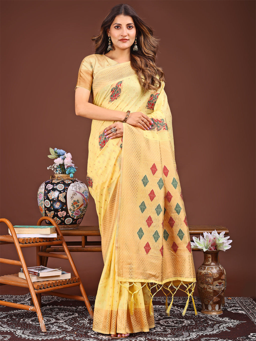 Shree Shyam Fashion Yellow Jacquard Saree with Tassels - Radiate Soft Elegance and Timeless Beauty