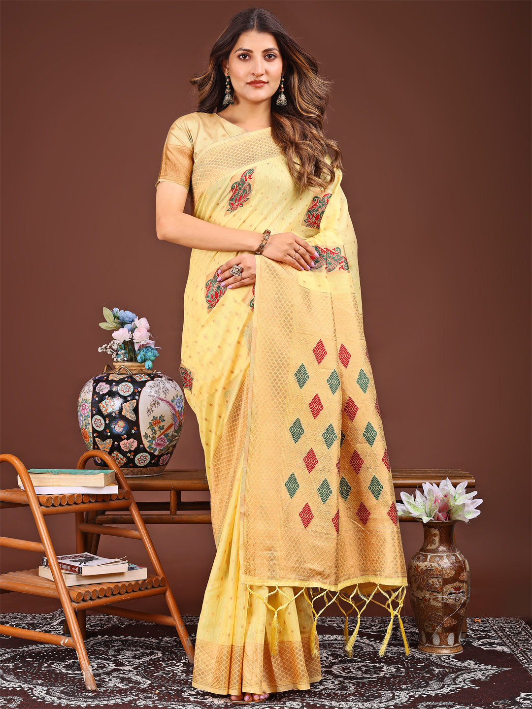 Shree Shyam Fashion Yellow Jacquard Saree with Tassels - Radiate Soft Elegance and Timeless Beauty