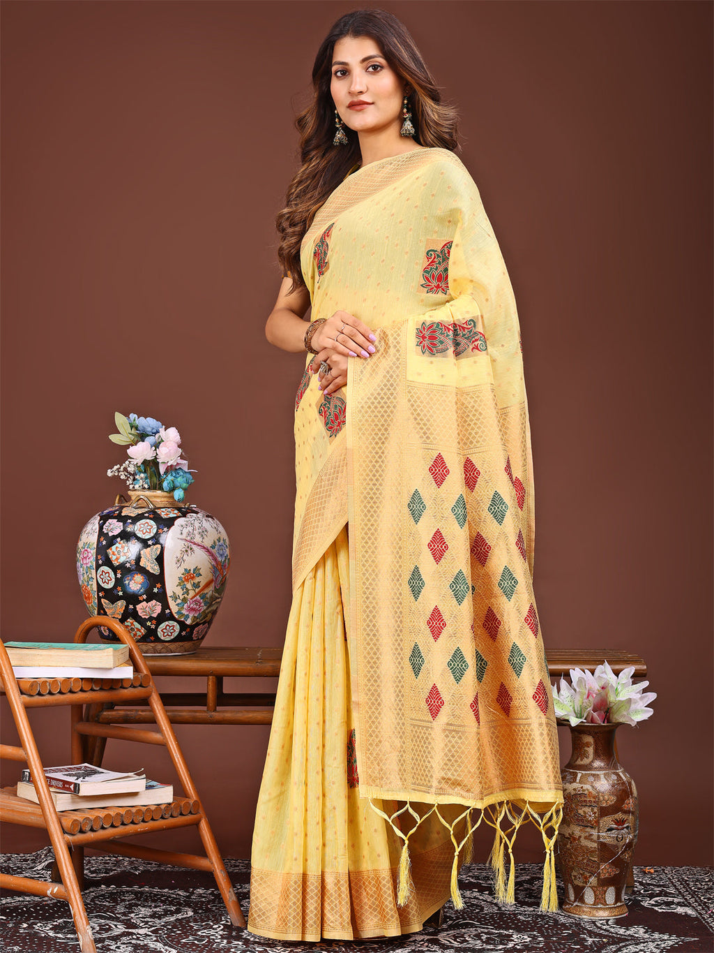 Shree Shyam Fashion Yellow Jacquard Saree with Tassels - Radiate Soft Elegance and Timeless Beauty