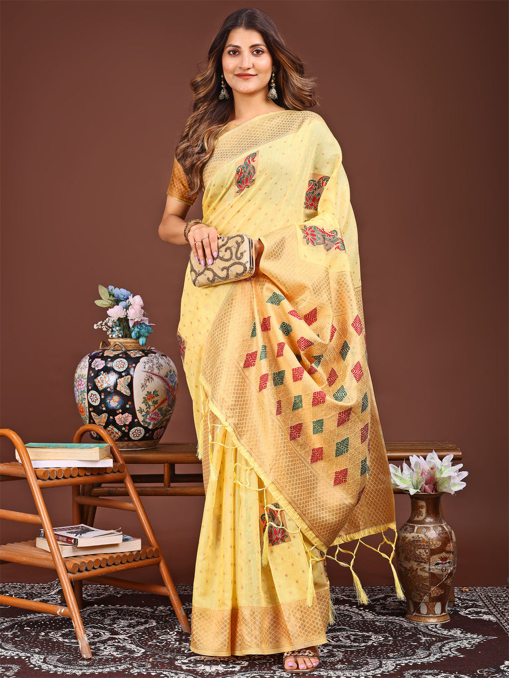 Shree Shyam Fashion Yellow Jacquard Saree with Tassels - Radiate Soft Elegance and Timeless Beauty
