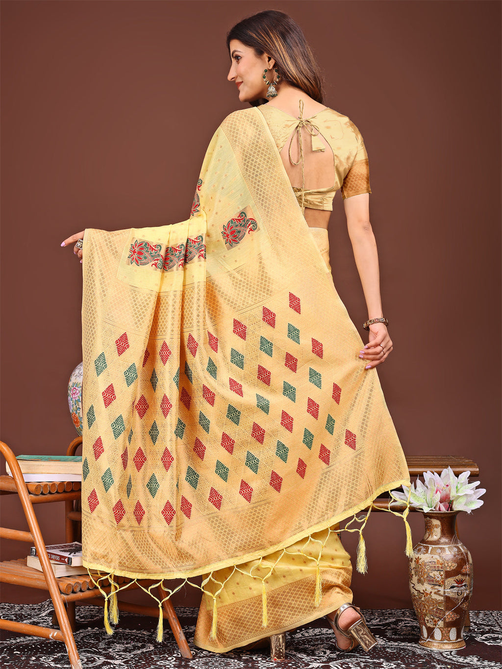 Shree Shyam Fashion Yellow Jacquard Saree with Tassels - Radiate Soft Elegance and Timeless Beauty