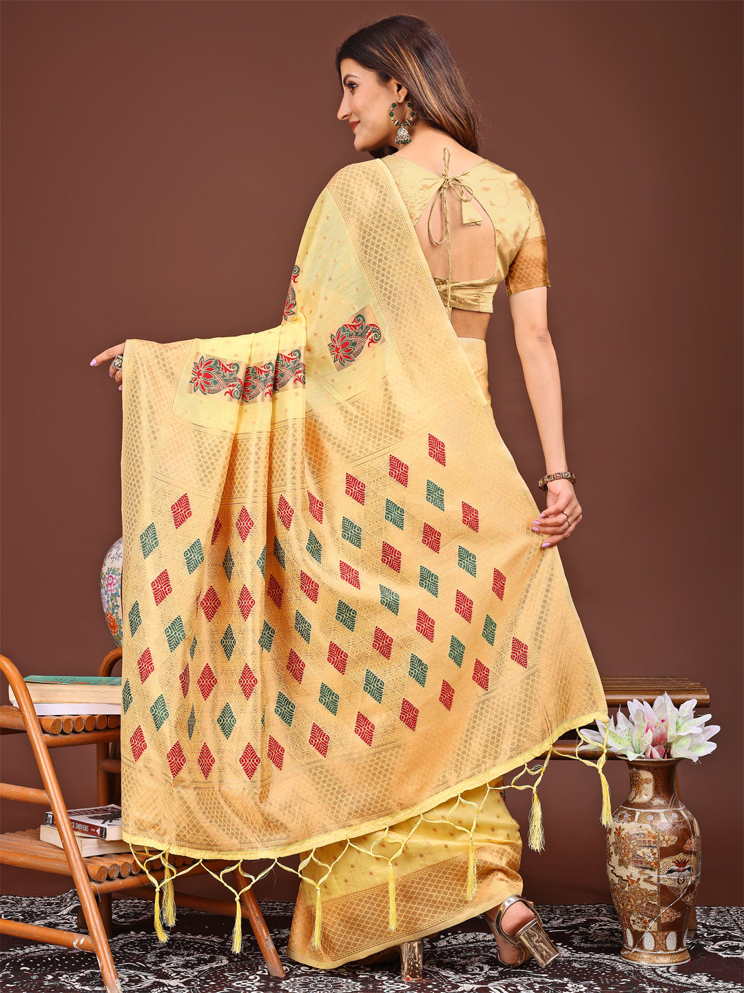 Shree Shyam Fashion Yellow Jacquard Saree with Tassels - Radiate Soft Elegance and Timeless Beauty