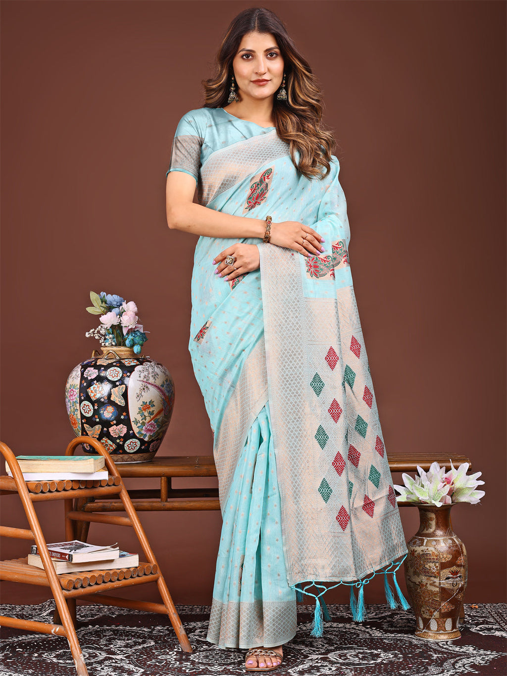 Shree Shyam Fashion Sky Blue Jacquard Saree with Tassels - Radiate Soft Elegance and Timeless Beauty