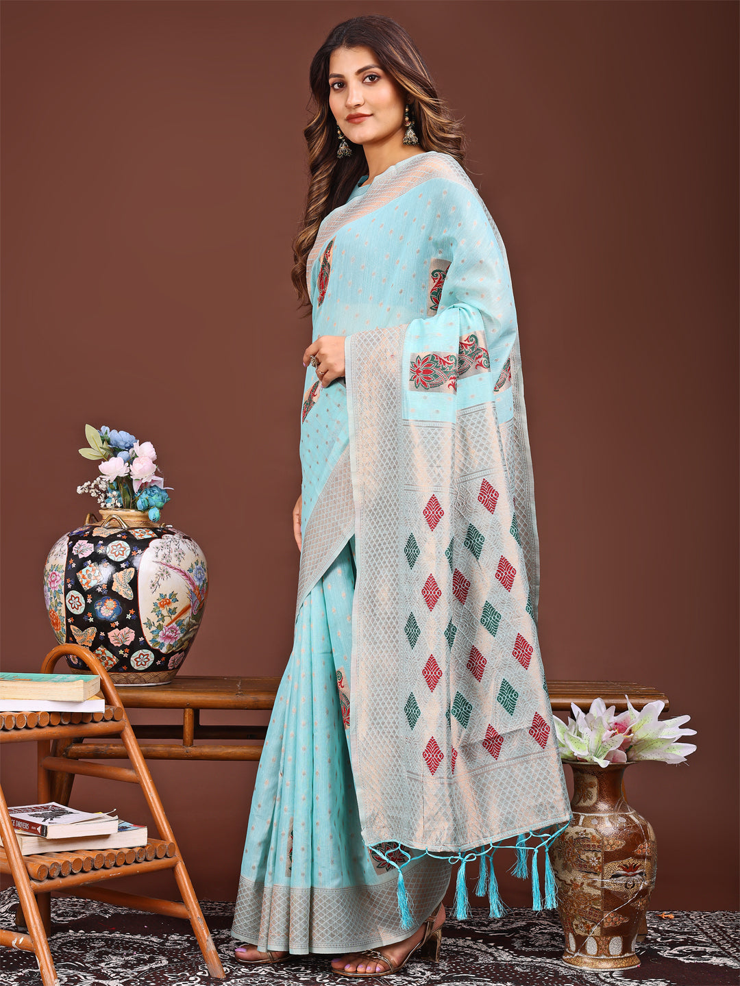 Shree Shyam Fashion Sky Blue Jacquard Saree with Tassels - Radiate Soft Elegance and Timeless Beauty