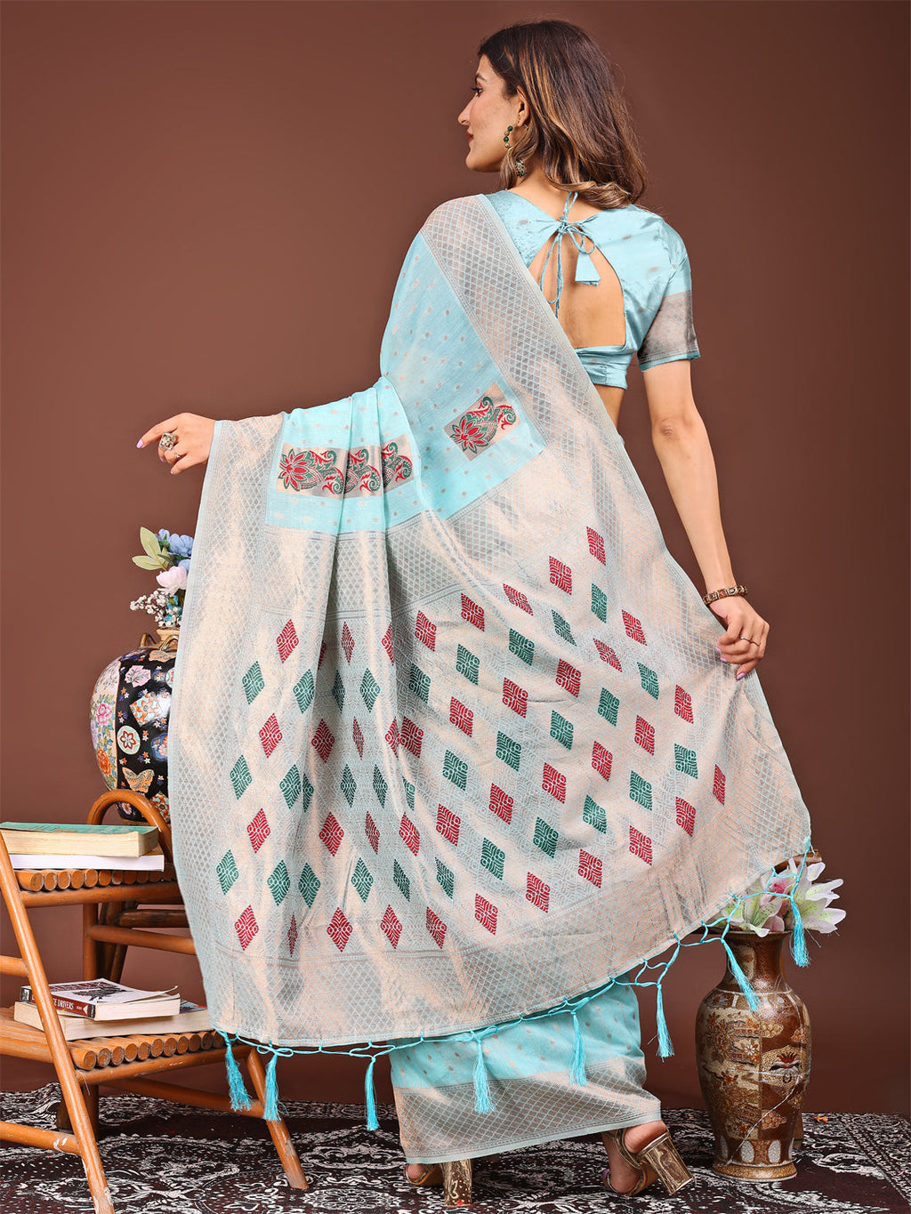 Shree Shyam Fashion Sky Blue Jacquard Saree with Tassels - Radiate Soft Elegance and Timeless Beauty