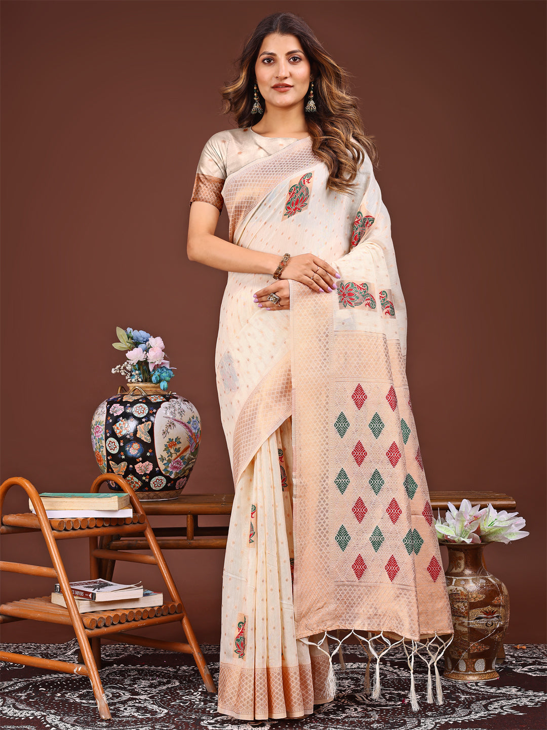 Shree Shyam Fashion White Jacquard Saree with Tassels - Radiate Soft Elegance and Timeless Beauty