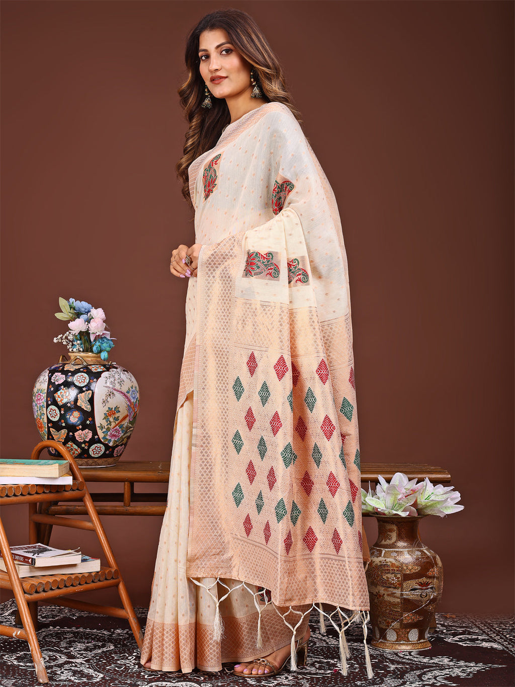 Shree Shyam Fashion White Jacquard Saree with Tassels - Radiate Soft Elegance and Timeless Beauty