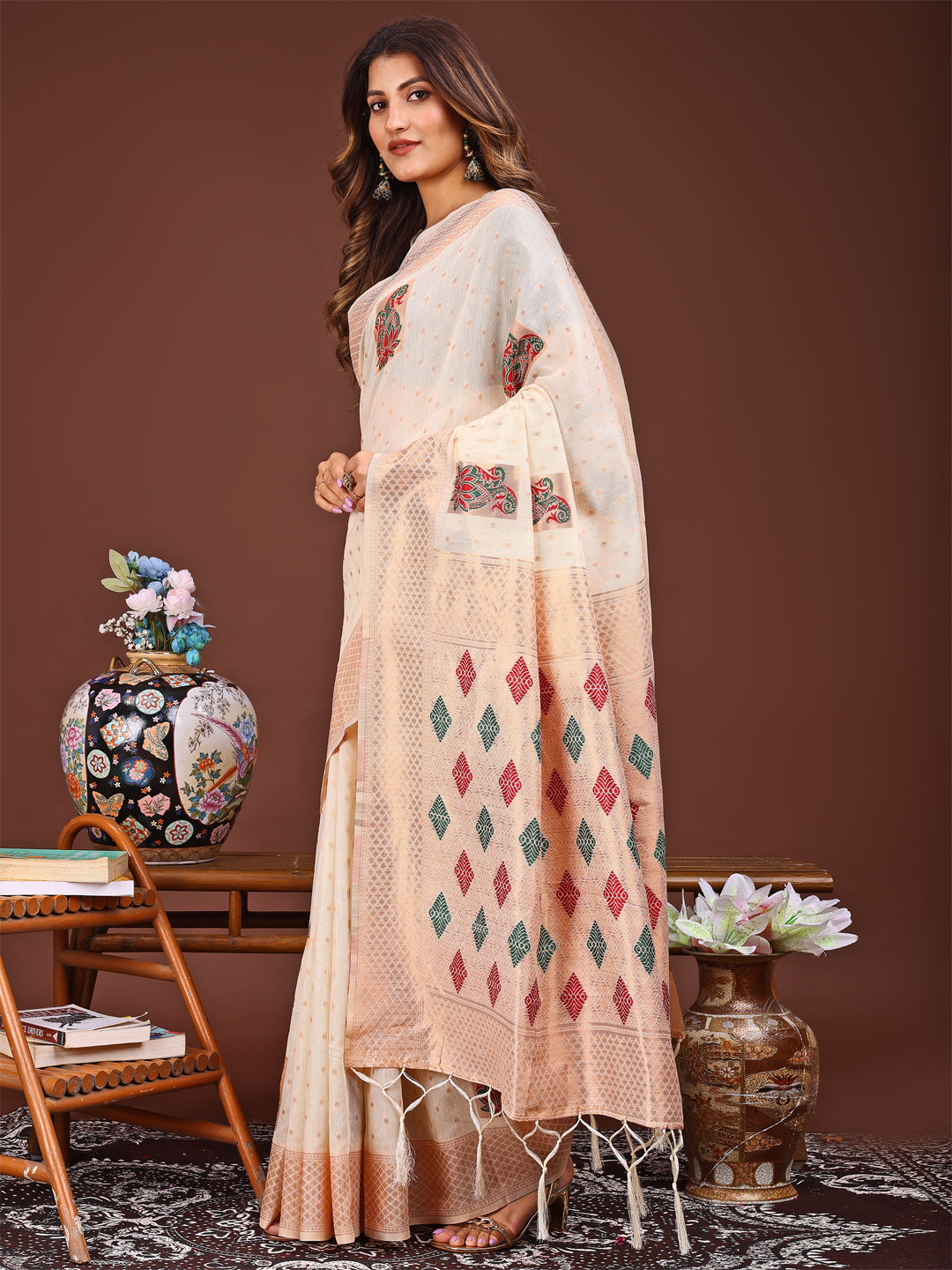 Shree Shyam Fashion White Jacquard Saree with Tassels - Radiate Soft Elegance and Timeless Beauty