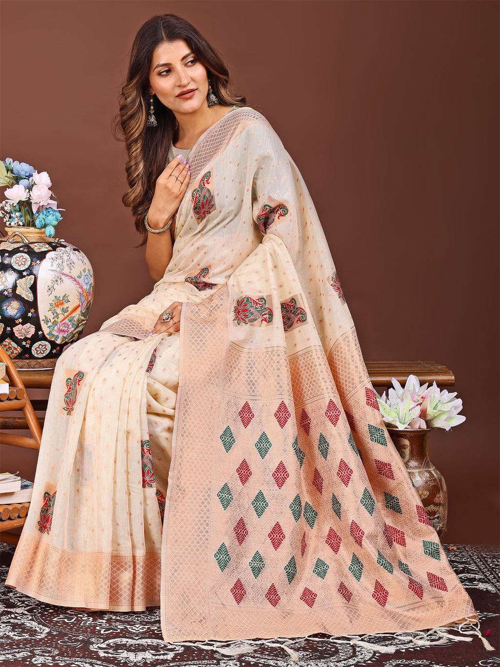 Shree Shyam Fashion White Jacquard Saree with Tassels - Radiate Soft Elegance and Timeless Beauty