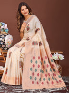 Shree Shyam Fashion White Jacquard Saree with Tassels - Radiate Soft Elegance and Timeless Beauty
