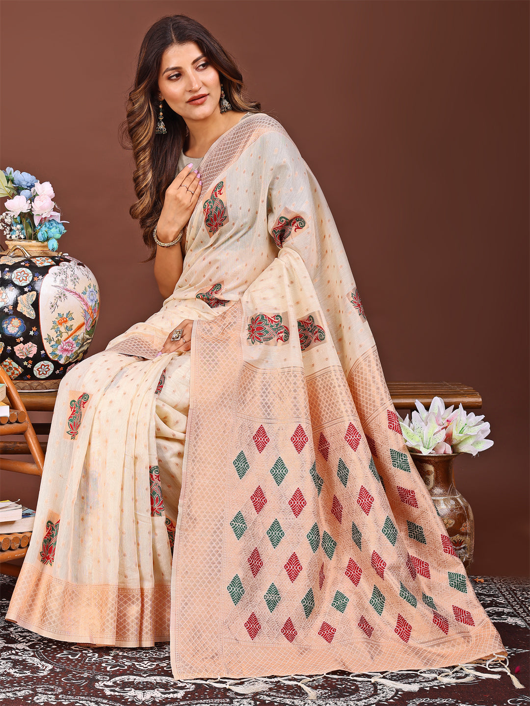 Shree Shyam Fashion White Jacquard Saree with Tassels - Radiate Soft Elegance and Timeless Beauty