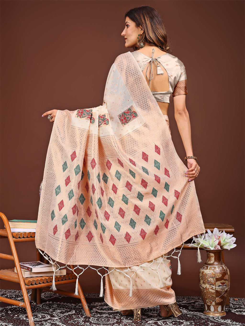Shree Shyam Fashion White Jacquard Saree with Tassels - Radiate Soft Elegance and Timeless Beauty