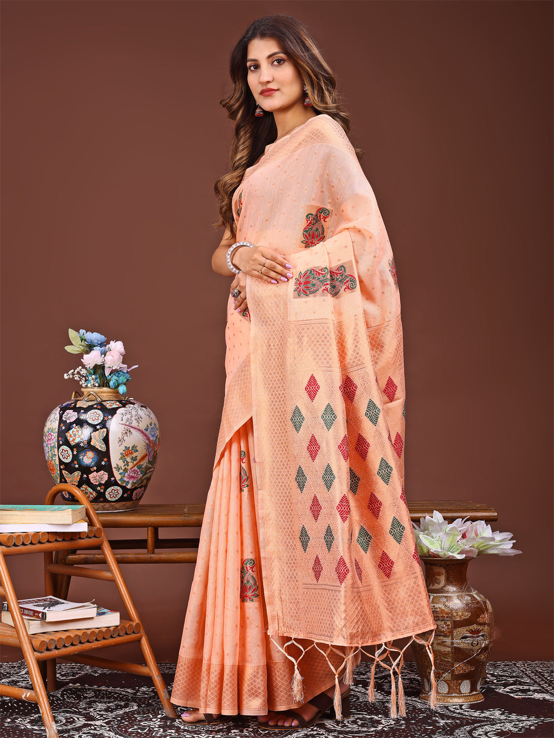 Shree Shyam Fashion Orange Jacquard Saree with Tassels - Radiate Soft Elegance and Timeless Beauty