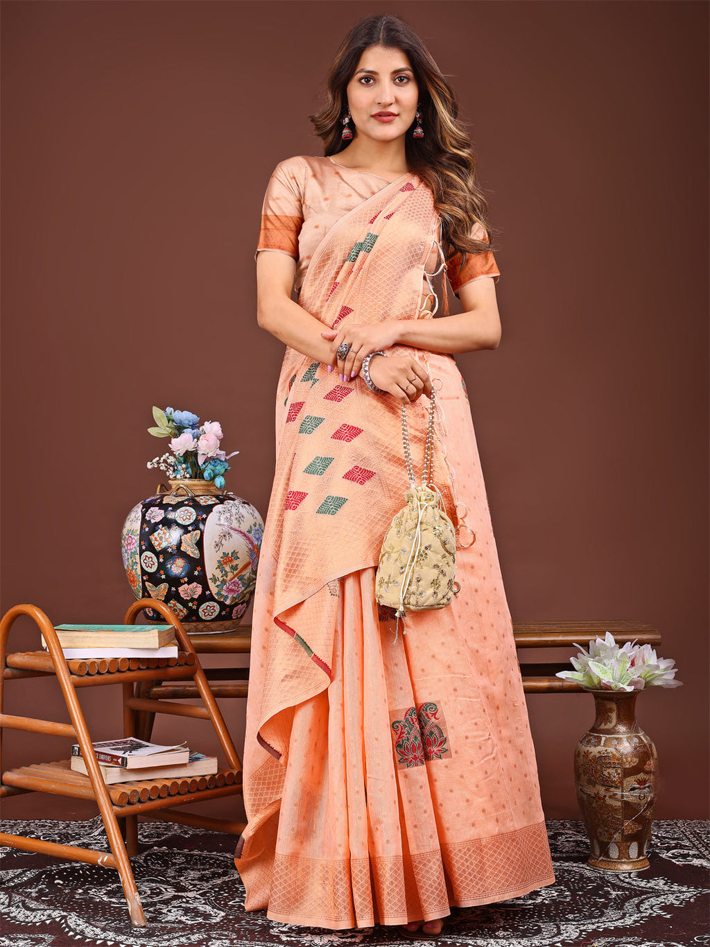Shree Shyam Fashion Orange Jacquard Saree with Tassels - Radiate Soft Elegance and Timeless Beauty