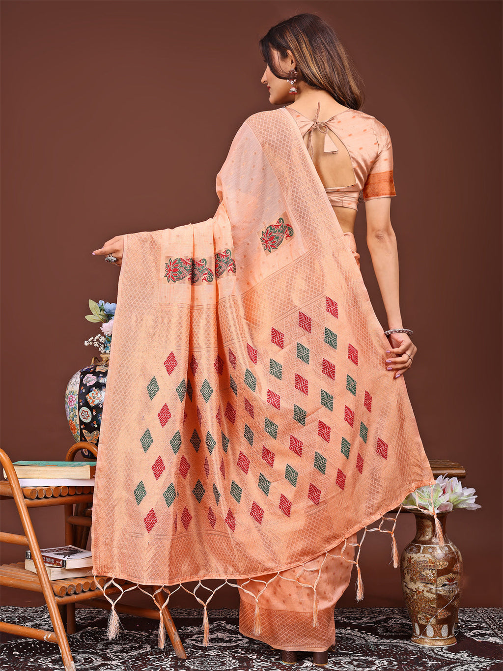 Shree Shyam Fashion Orange Jacquard Saree with Tassels - Radiate Soft Elegance and Timeless Beauty