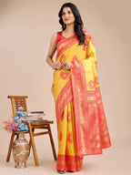 Shree Shyam Fashion Yellow & Red Banarasi silk Woven Zari Work Traditional Tassel Saree