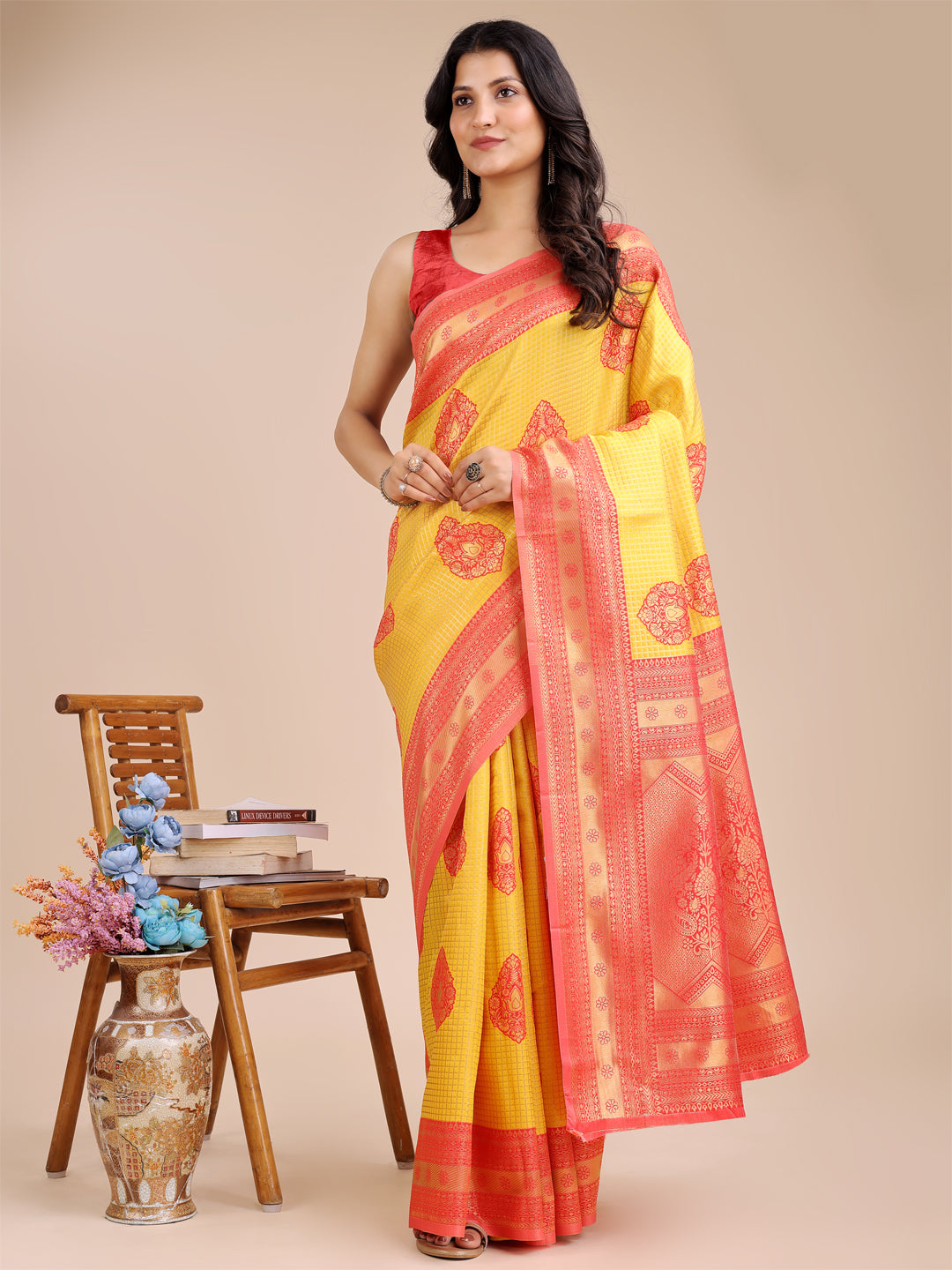 Shree Shyam Fashion Yellow & Red Banarasi silk Woven Zari Work Traditional Tassel Saree