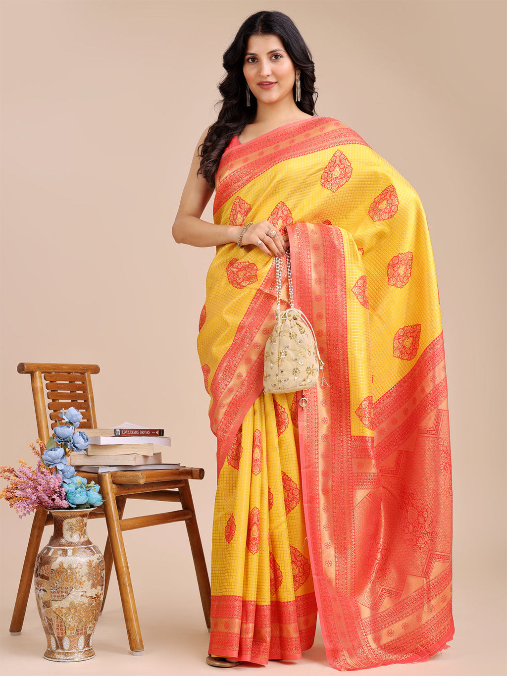Shree Shyam Fashion Yellow & Red Banarasi silk Woven Zari Work Traditional Tassel Saree