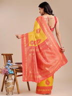 Shree Shyam Fashion Yellow & Red Banarasi silk Woven Zari Work Traditional Tassel Saree