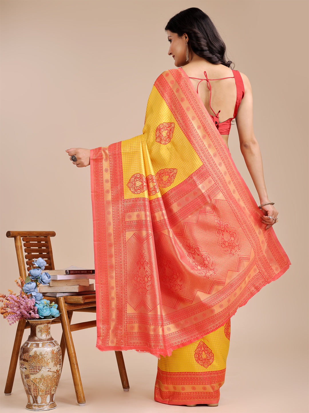 Shree Shyam Fashion Yellow & Red Banarasi silk Woven Zari Work Traditional Tassel Saree