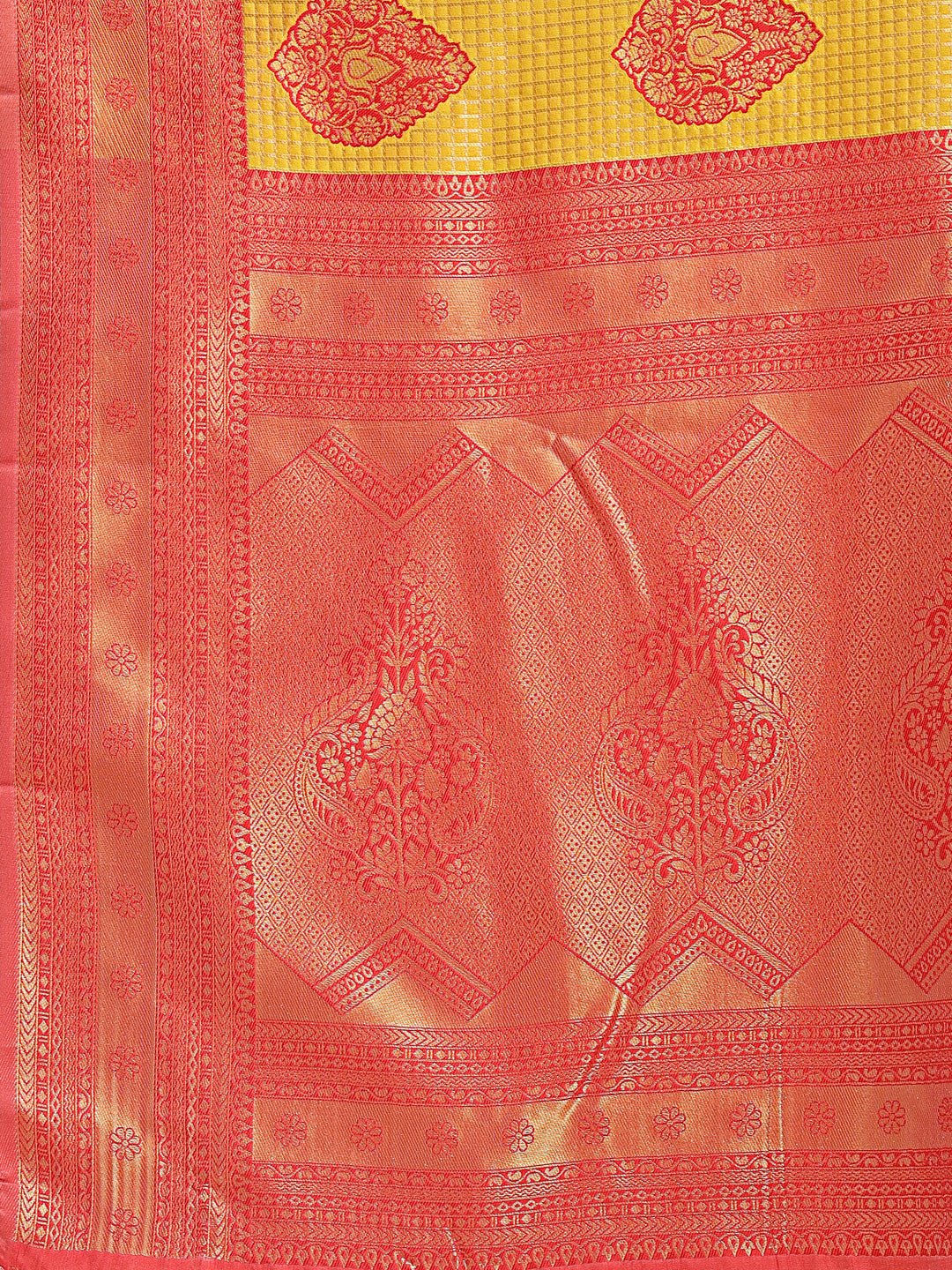 Shree Shyam Fashion Yellow & Red Banarasi silk Woven Zari Work Traditional Tassel Saree