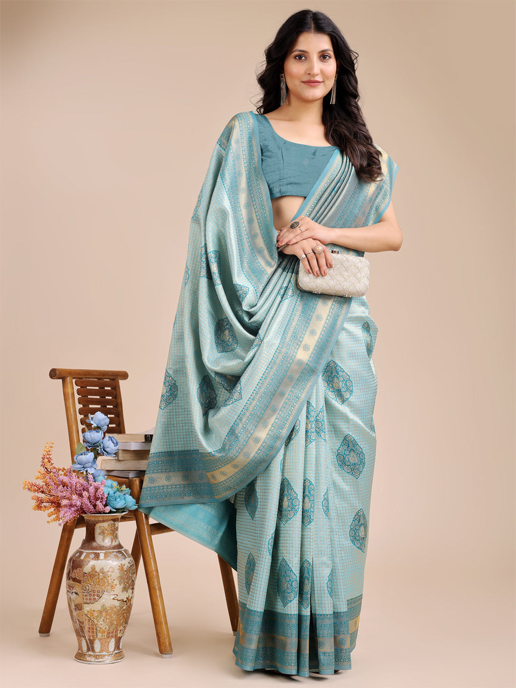 Shree Shyam Fashion Sea Green Banarasi silk Woven Zari Work Traditional Tassel Saree