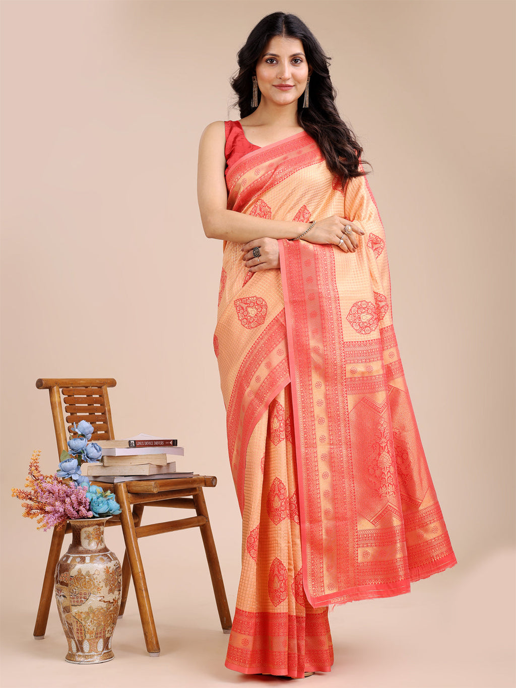 Shree Shyam Fashion Orange & Red Banarasi silk Woven Zari Work Traditional Tassel Saree