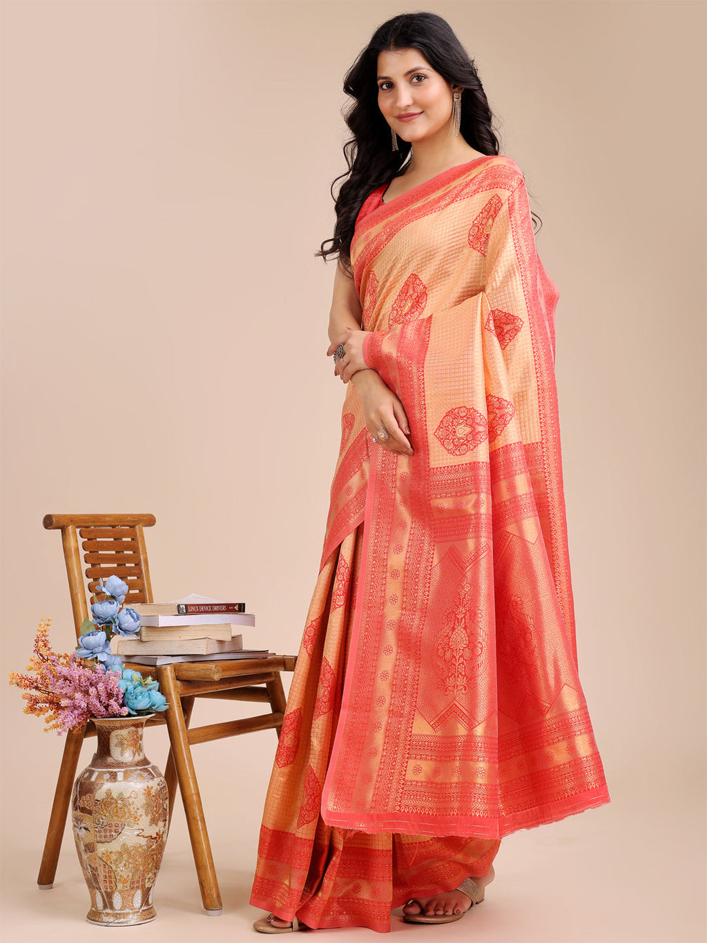 Shree Shyam Fashion Orange & Red Banarasi silk Woven Zari Work Traditional Tassel Saree