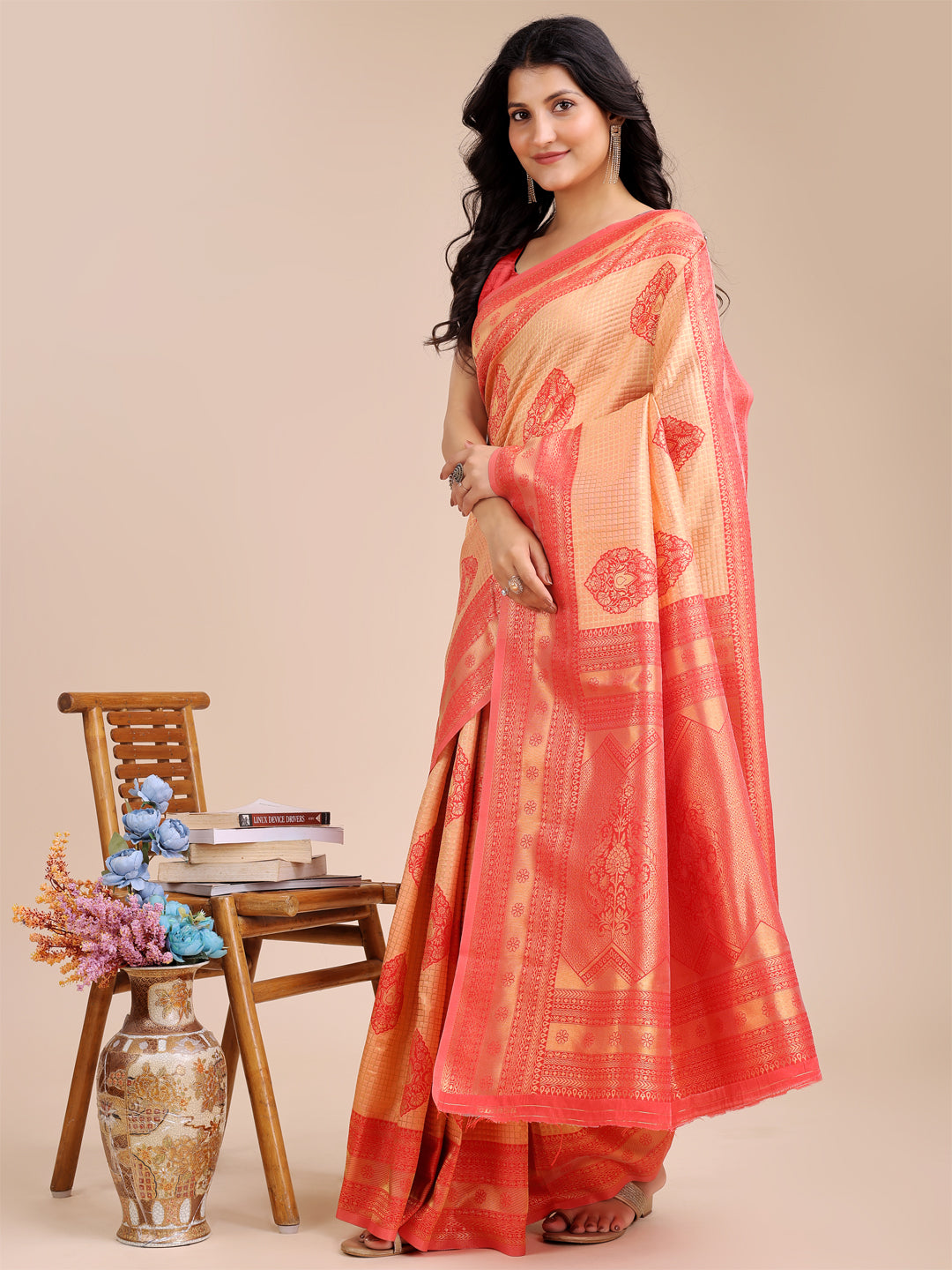 Shree Shyam Fashion Orange & Red Banarasi silk Woven Zari Work Traditional Tassel Saree