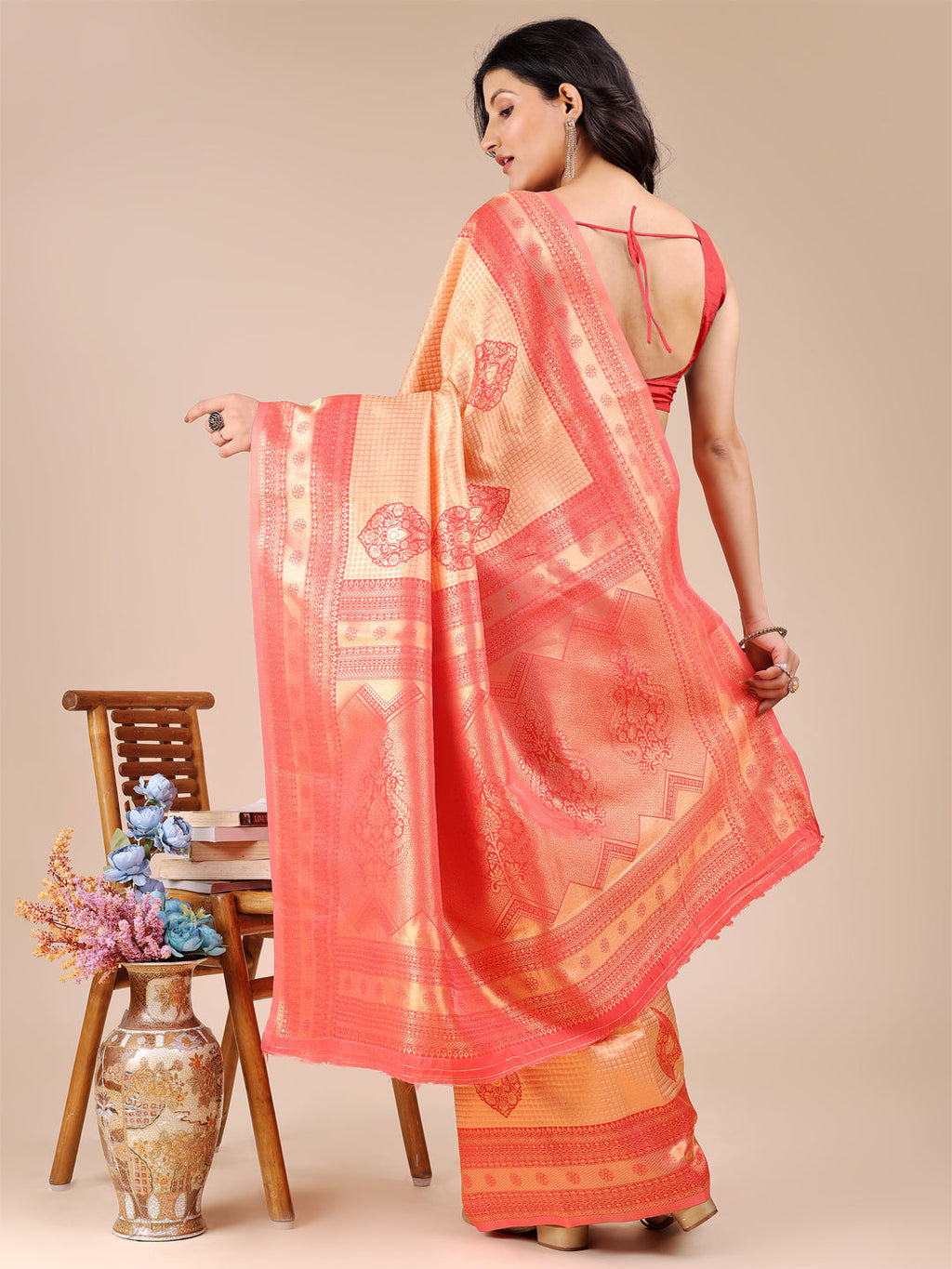 Shree Shyam Fashion Orange & Red Banarasi silk Woven Zari Work Traditional Tassel Saree