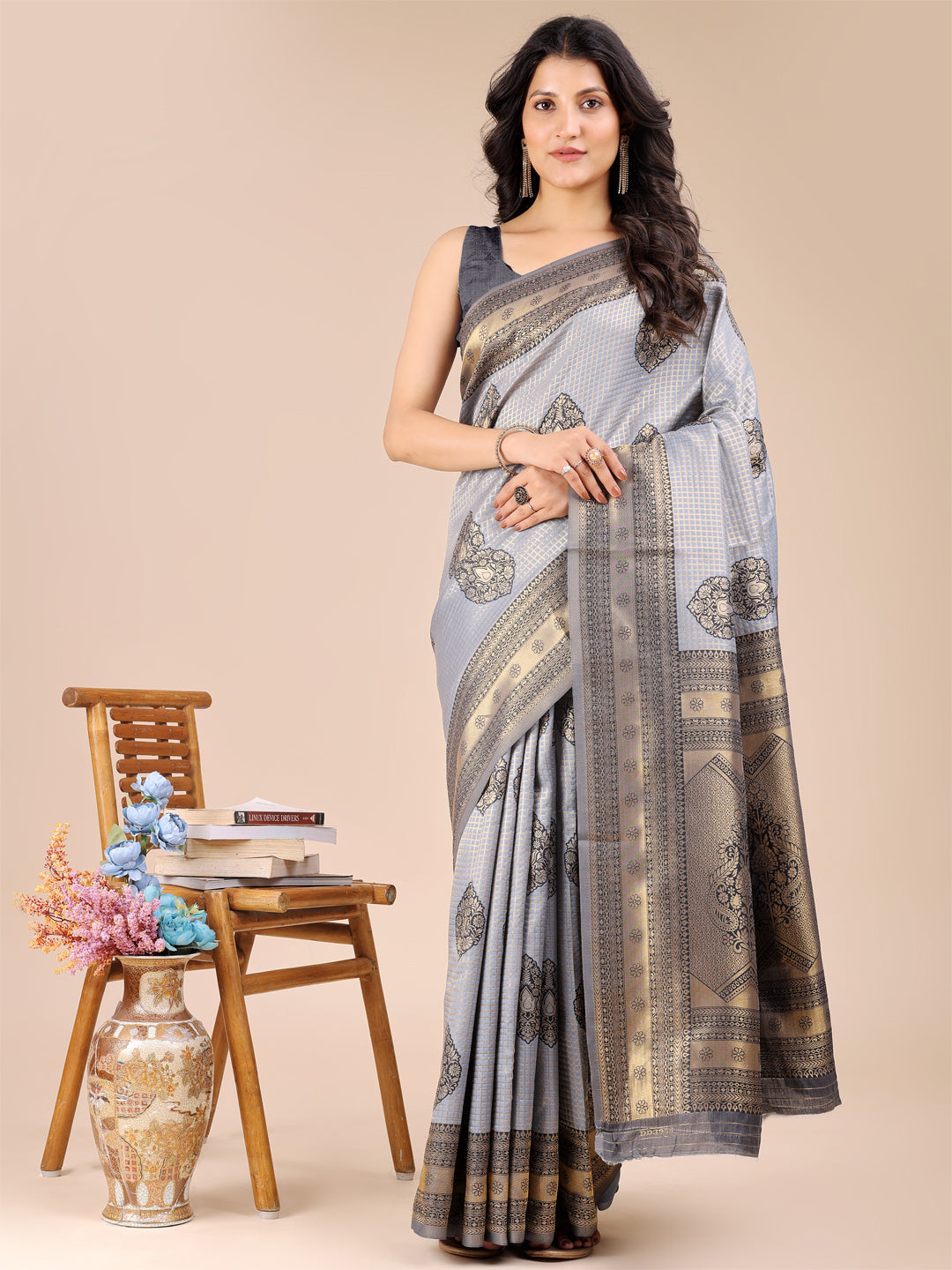 Shree Shyam Fashion Grey Banarasi silk Woven Zari Work Traditional Tassel Saree