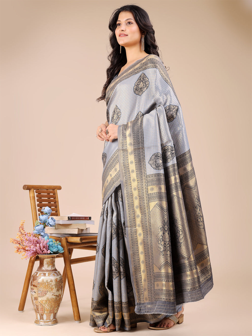 Shree Shyam Fashion Grey Banarasi silk Woven Zari Work Traditional Tassel Saree