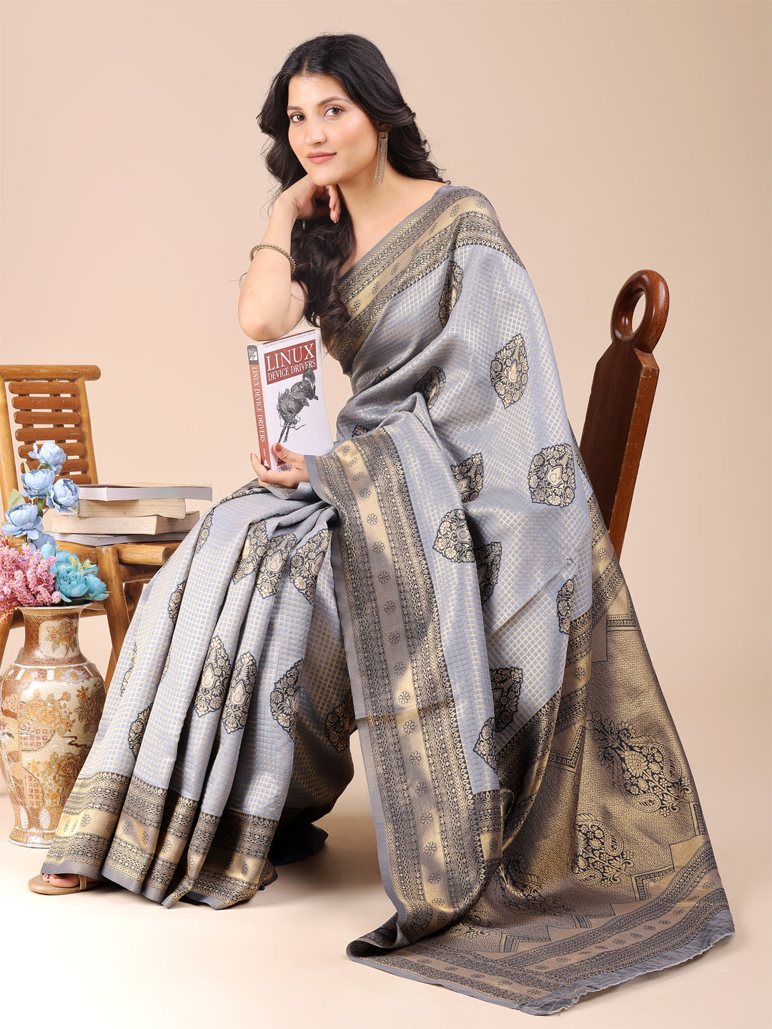 Shree Shyam Fashion Grey Banarasi silk Woven Zari Work Traditional Tassel Saree