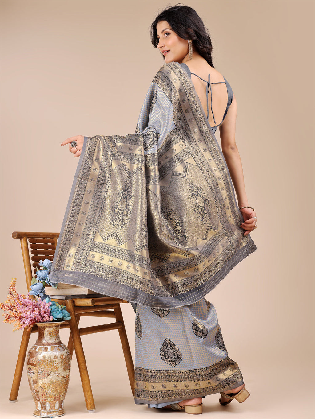 Shree Shyam Fashion Grey Banarasi silk Woven Zari Work Traditional Tassel Saree