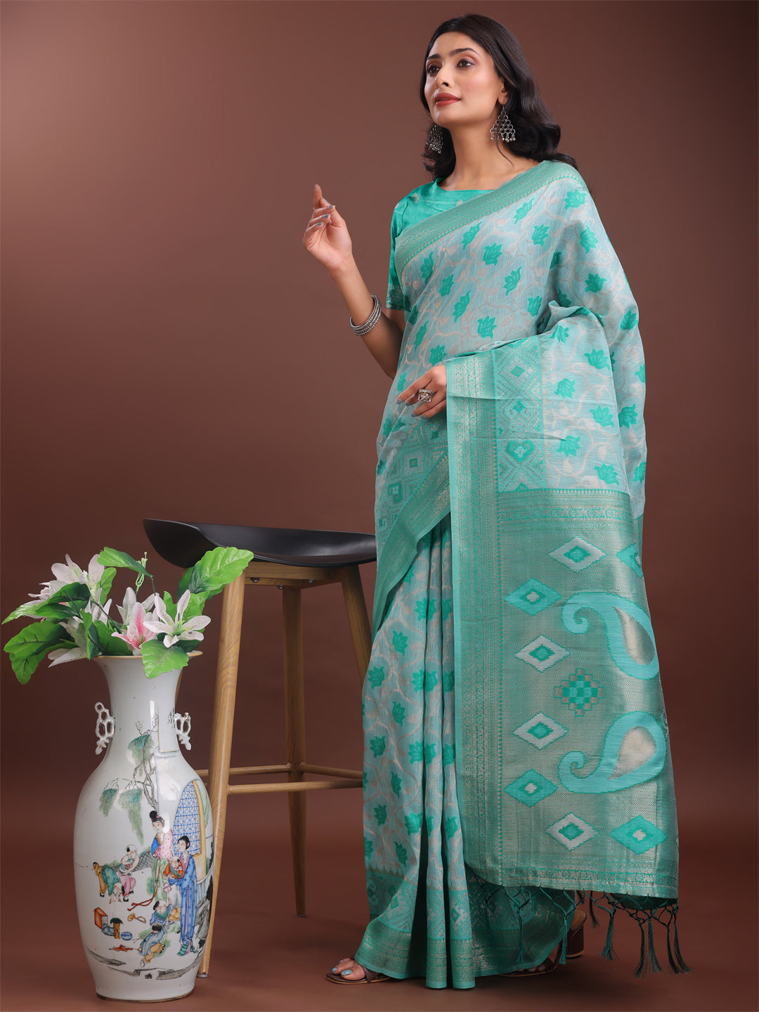Shree Shyam Fashion Stylish Green Linen Cotton Saree with Woven Design - Lightweight Elegance for Everyday Grace