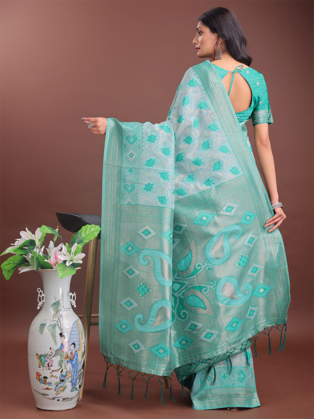 Shree Shyam Fashion Stylish Green Linen Cotton Saree with Woven Design - Lightweight Elegance for Everyday Grace