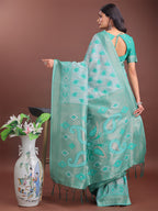 Shree Shyam Fashion Stylish Green Linen Cotton Saree with Woven Design - Lightweight Elegance for Everyday Grace