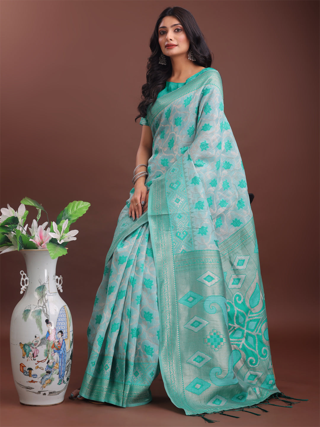 Shree Shyam Fashion Stylish Green Linen Cotton Saree with Woven Design - Lightweight Elegance for Everyday Grace
