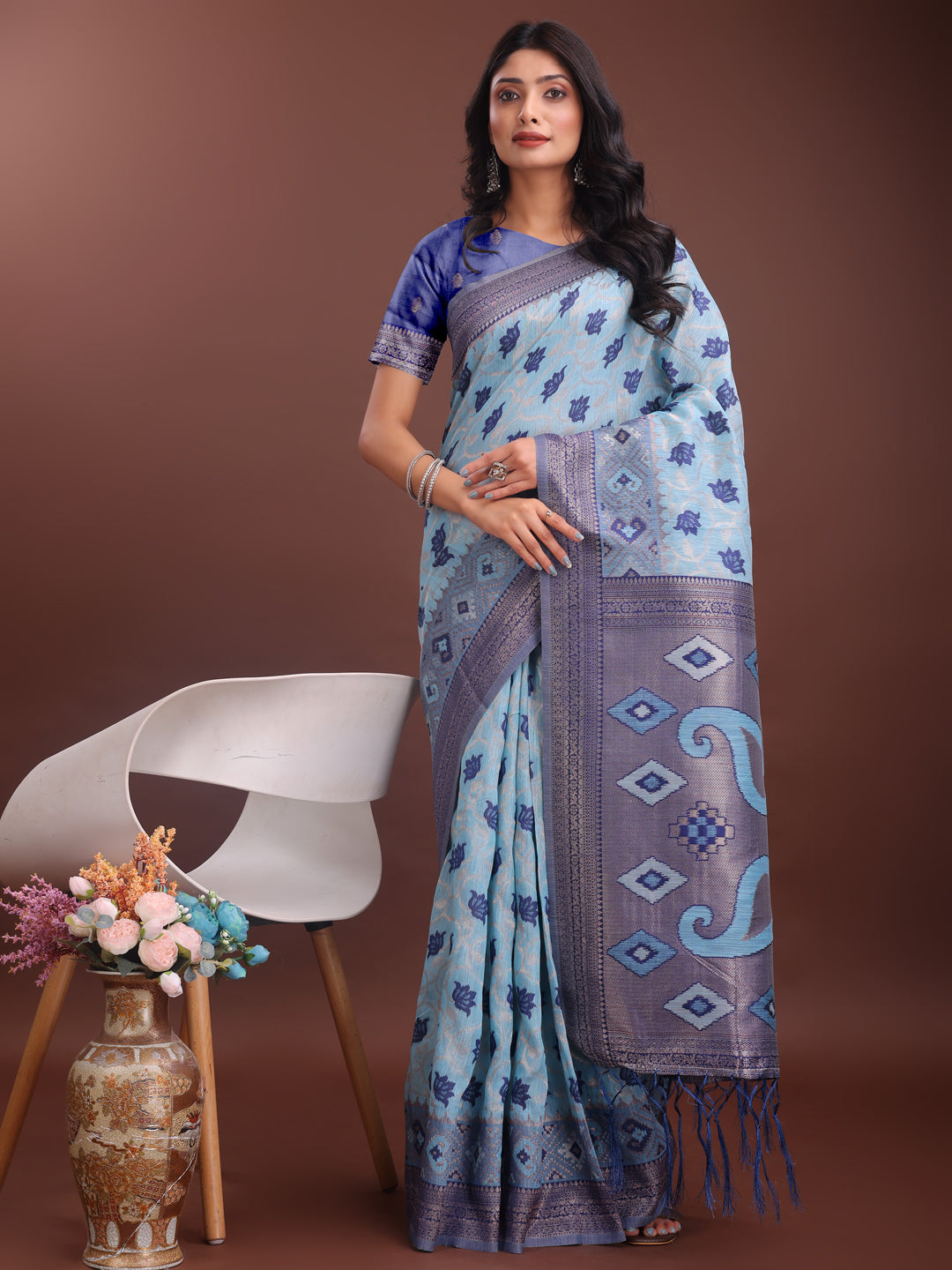 Shree Shyam Fashion Stylish Sky Blue Linen Cotton Saree with Woven Design - Lightweight Elegance for Everyday Grace