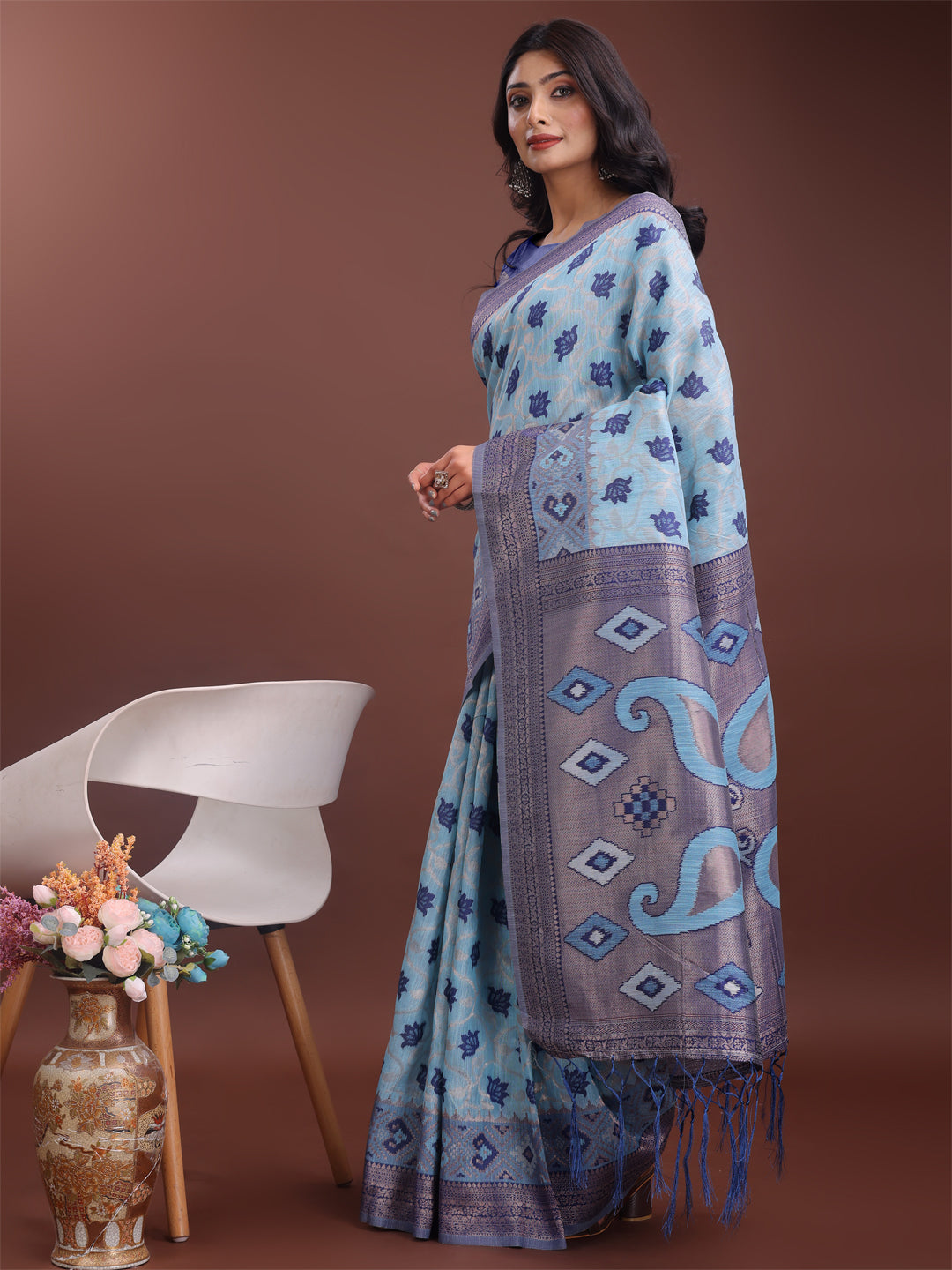 Shree Shyam Fashion Stylish Sky Blue Linen Cotton Saree with Woven Design - Lightweight Elegance for Everyday Grace