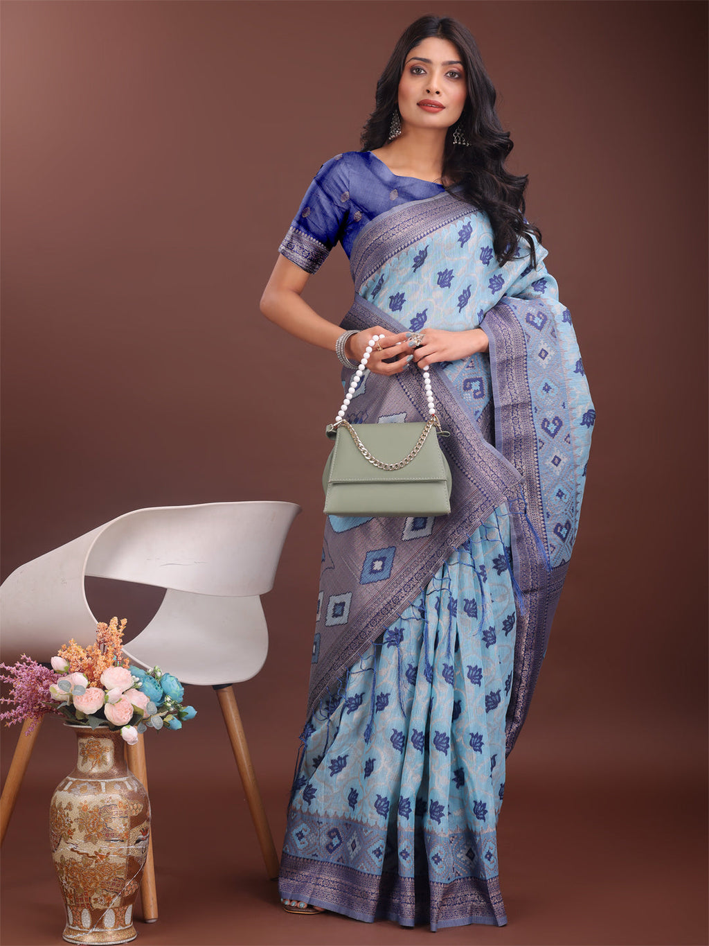 Shree Shyam Fashion Stylish Sky Blue Linen Cotton Saree with Woven Design - Lightweight Elegance for Everyday Grace
