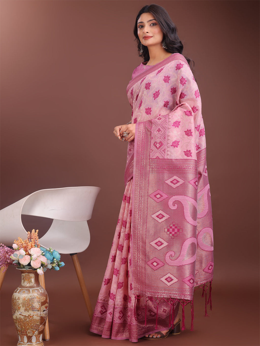 Shree Shyam Fashion Stylish Light Pink Linen Cotton Saree with Woven Design - Lightweight Elegance for Everyday Grace