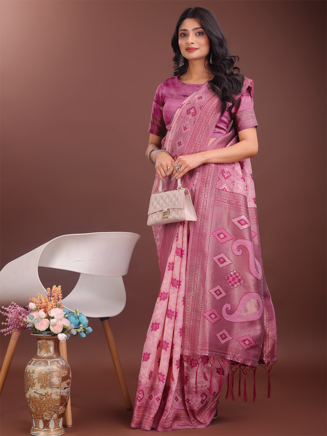 Shree Shyam Fashion Stylish Light Pink Linen Cotton Saree with Woven Design - Lightweight Elegance for Everyday Grace