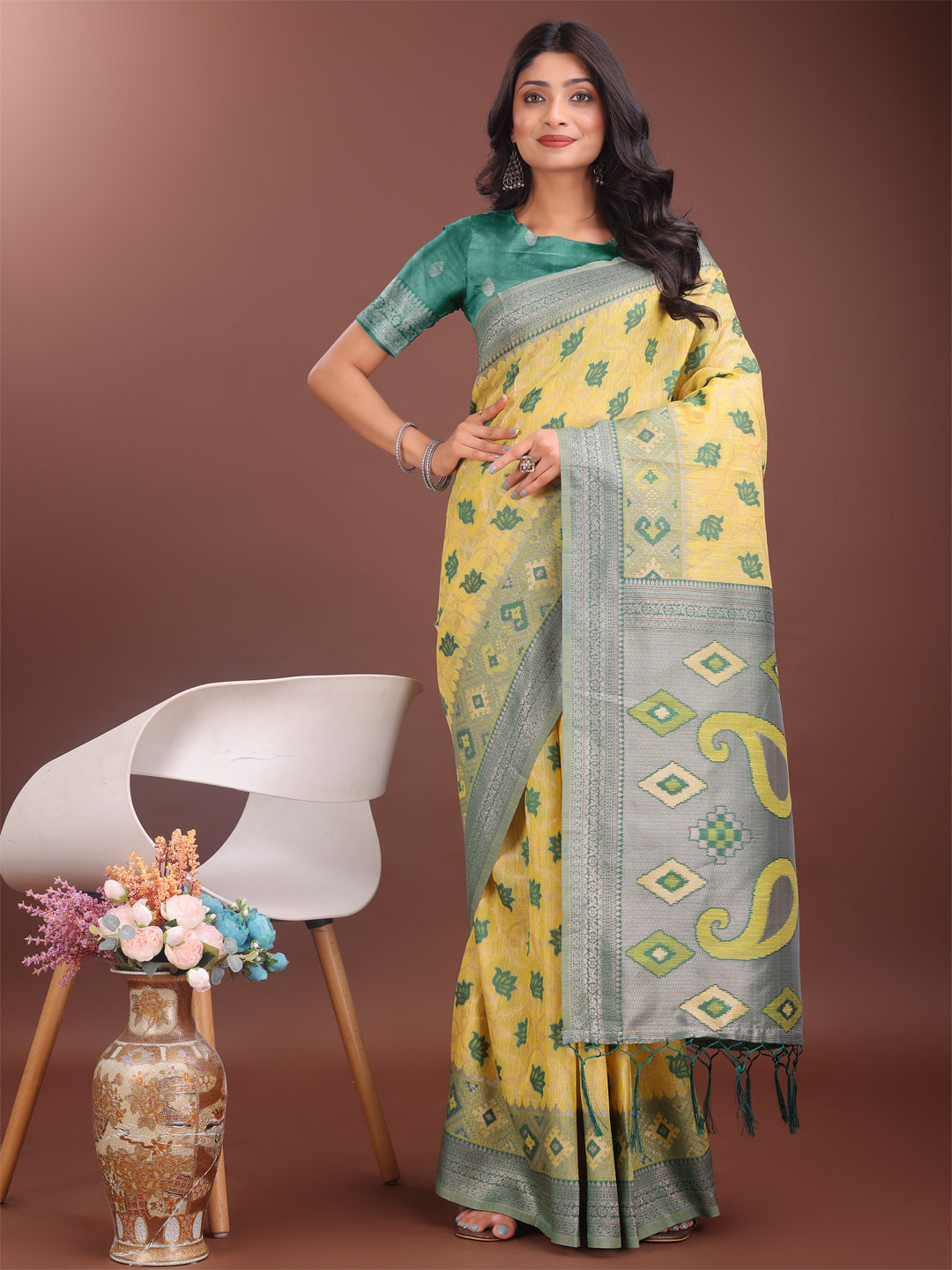 Shree Shyam Fashion Stylish Yellow Linen Cotton Saree with Woven Design - Lightweight Elegance for Everyday Grace