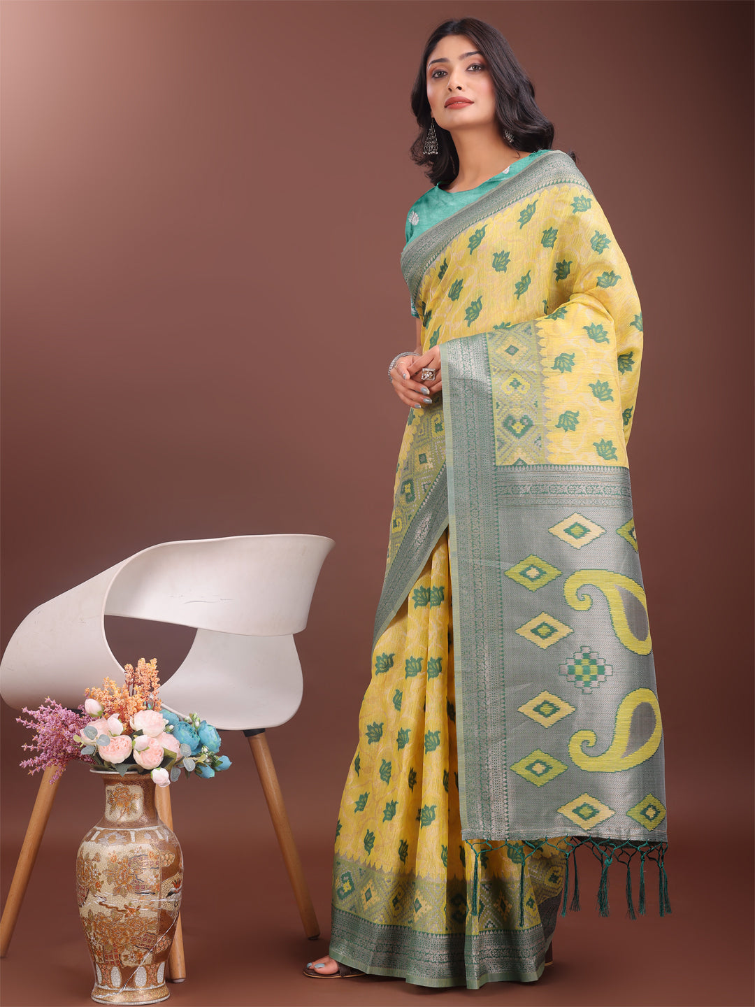 Shree Shyam Fashion Stylish Yellow Linen Cotton Saree with Woven Design - Lightweight Elegance for Everyday Grace