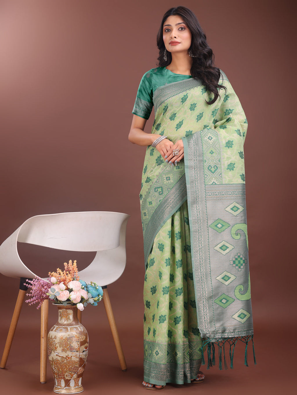 Shree Shyam Fashion Stylish Light Green Linen Cotton Saree with Woven Design - Lightweight Elegance for Everyday Grace
